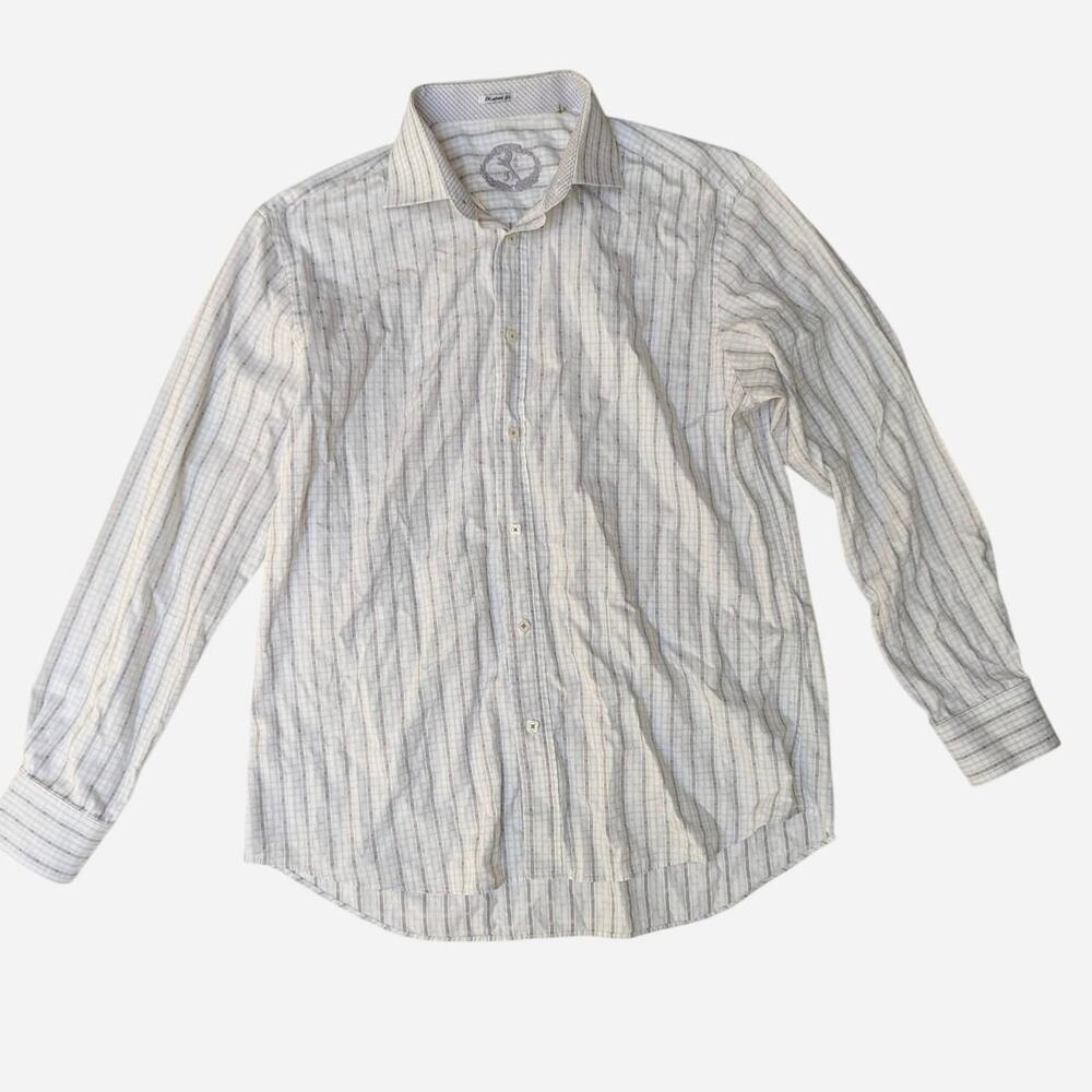 Bugatchi White & Grey Windowpane Check Button-Up Shirt